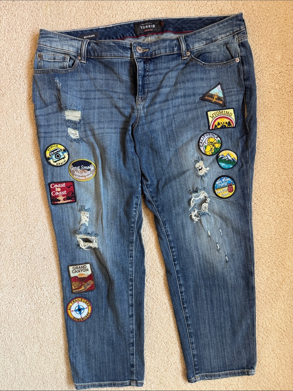 torrid premium Blue Distressed Boyfriend Jeans with Colorful Travel Patches
